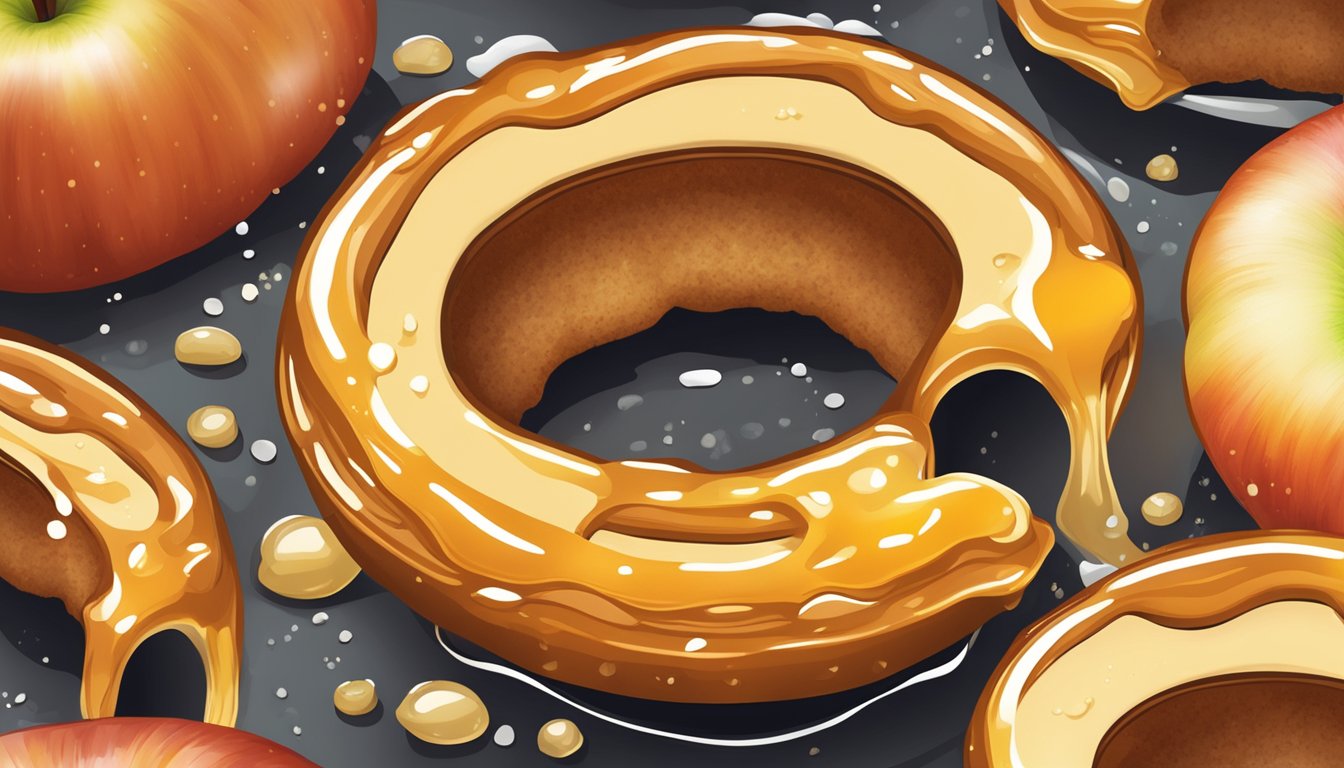 Sizzling apple rings frying in bubbling oil, drizzled with salted caramel