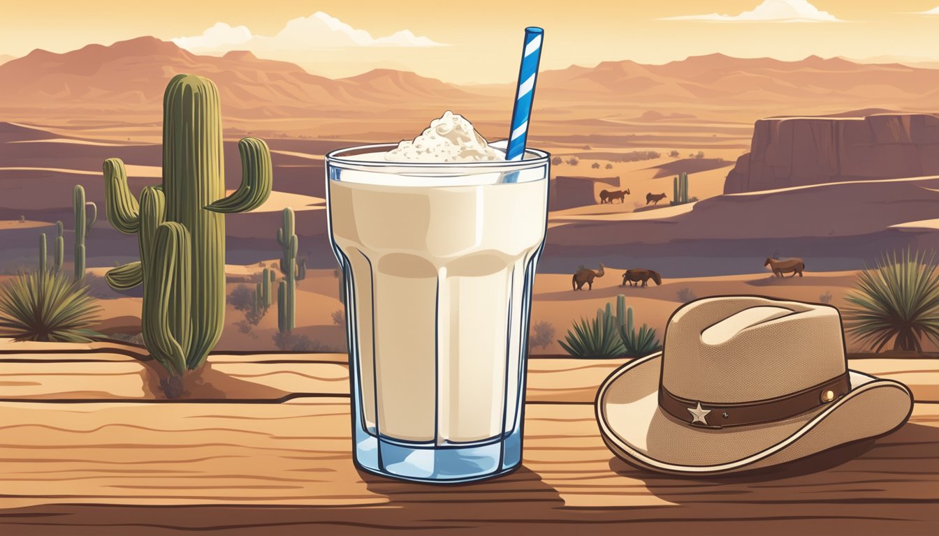 A glass of creamy vanilla cashew milk with a Texas-inspired backdrop of a lone star, cowboy hat, and desert landscape