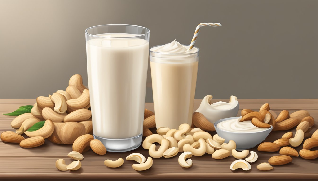 A rustic wooden table with a tall glass of creamy vanilla cashew milk, surrounded by scattered cashews and a sprig of fresh vanilla