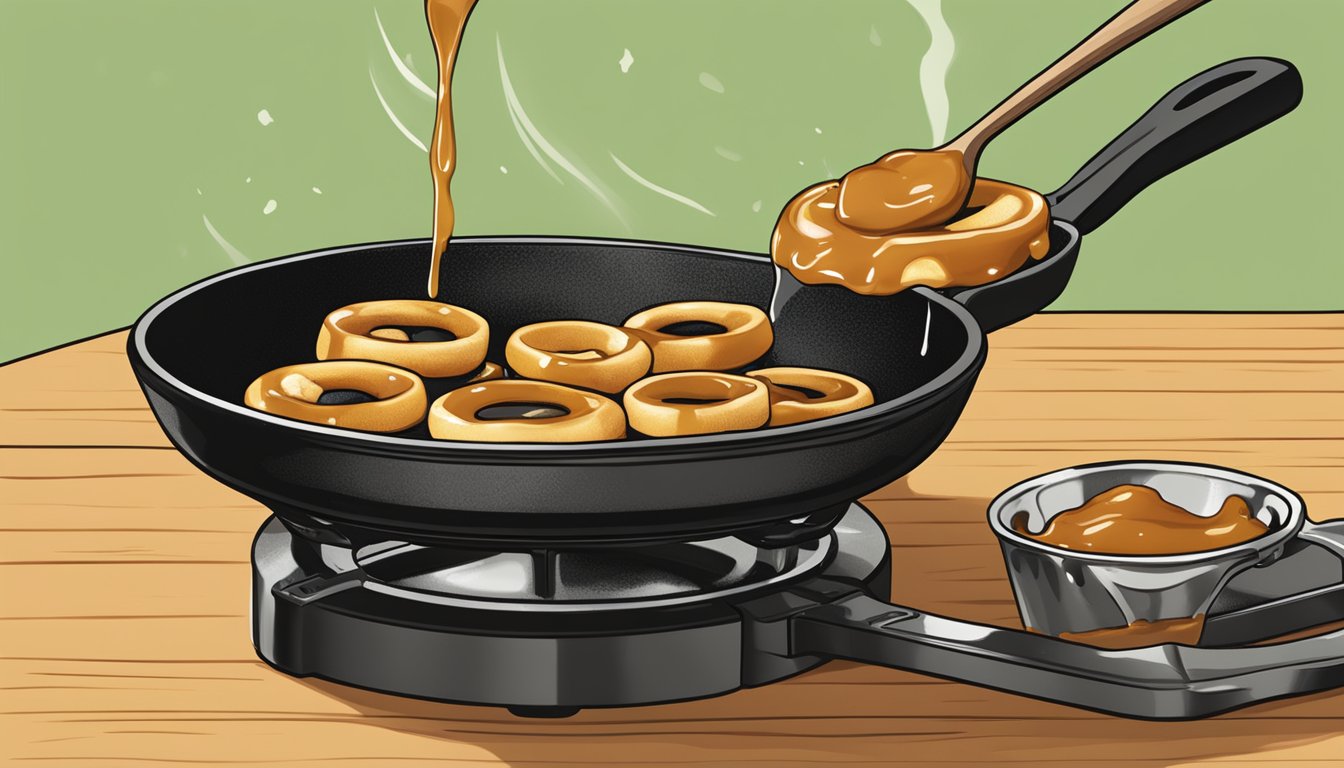 Sizzling apple rings frying in a cast iron skillet, with a drizzle of caramel sauce on top