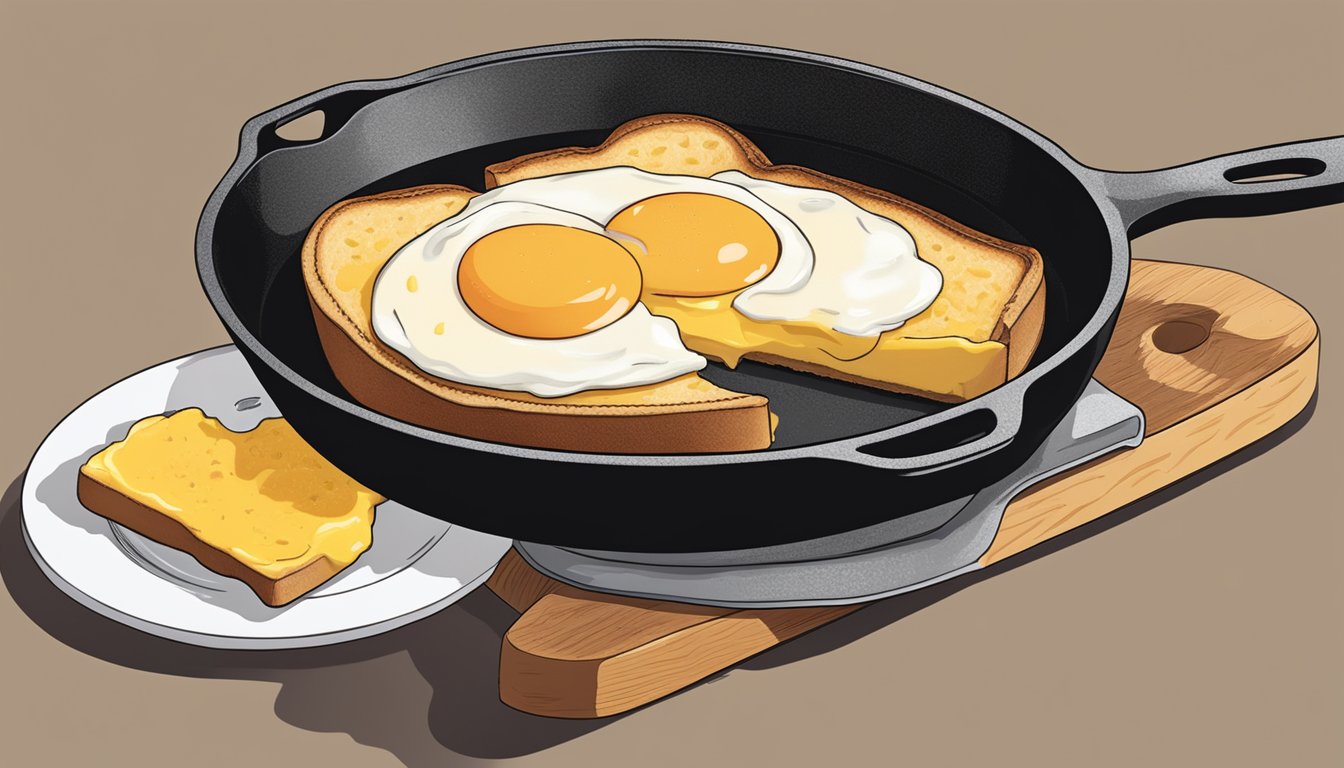 A cast iron skillet sizzling with a buttered slice of Texas toast filled with a perfectly cooked, gooey, cheesy egg in the center