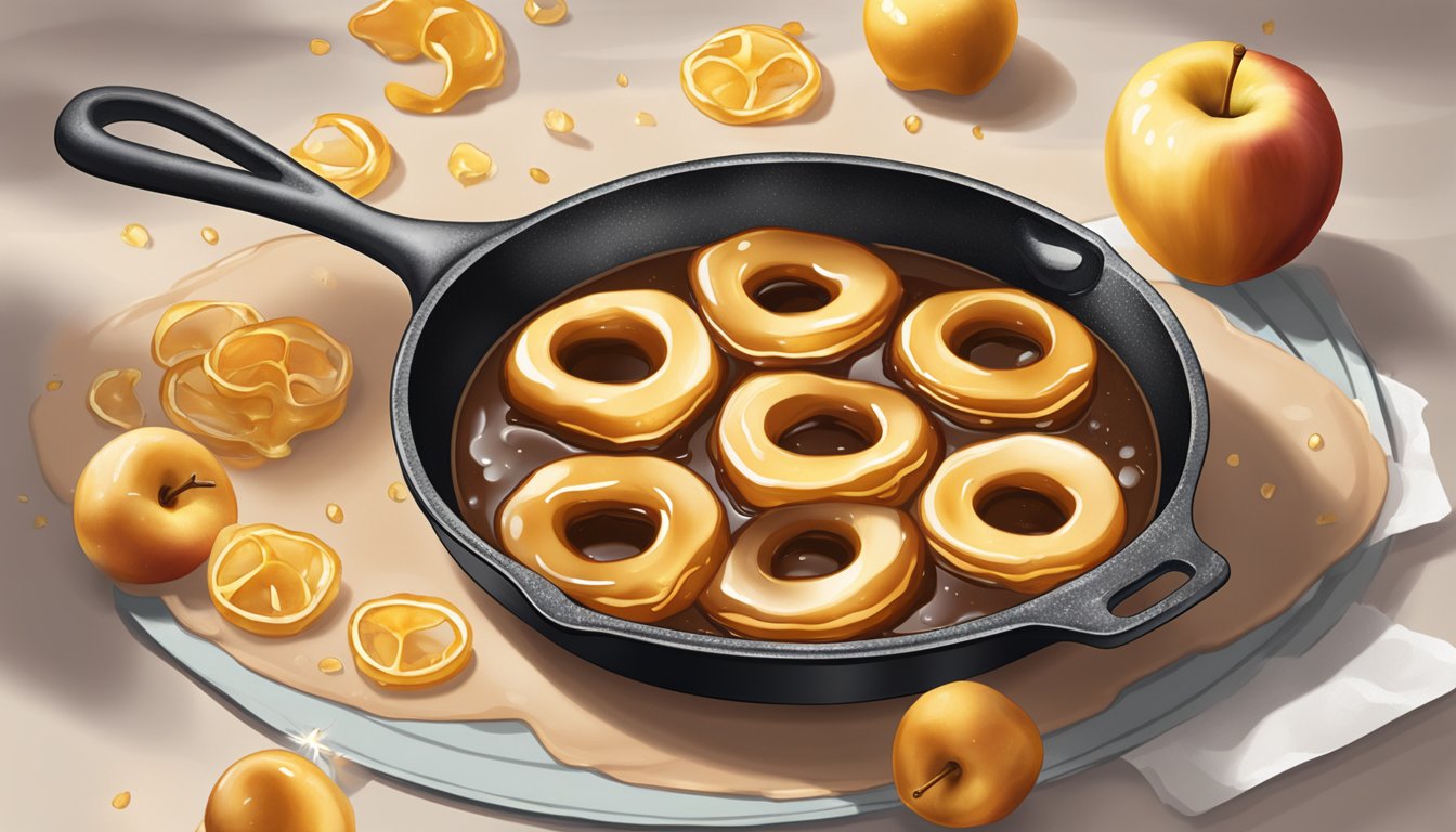 Golden apple rings sizzling in a cast iron skillet, drizzled with gooey salted caramel and sprinkled with sea salt