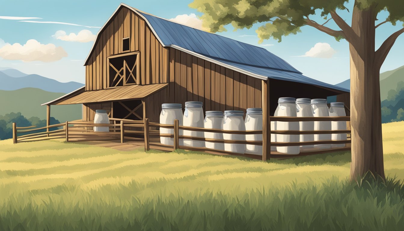 A rustic wooden barn with shelves of creamy vanilla cashew milk jars, set against a Texas backdrop with blue skies and rolling hills