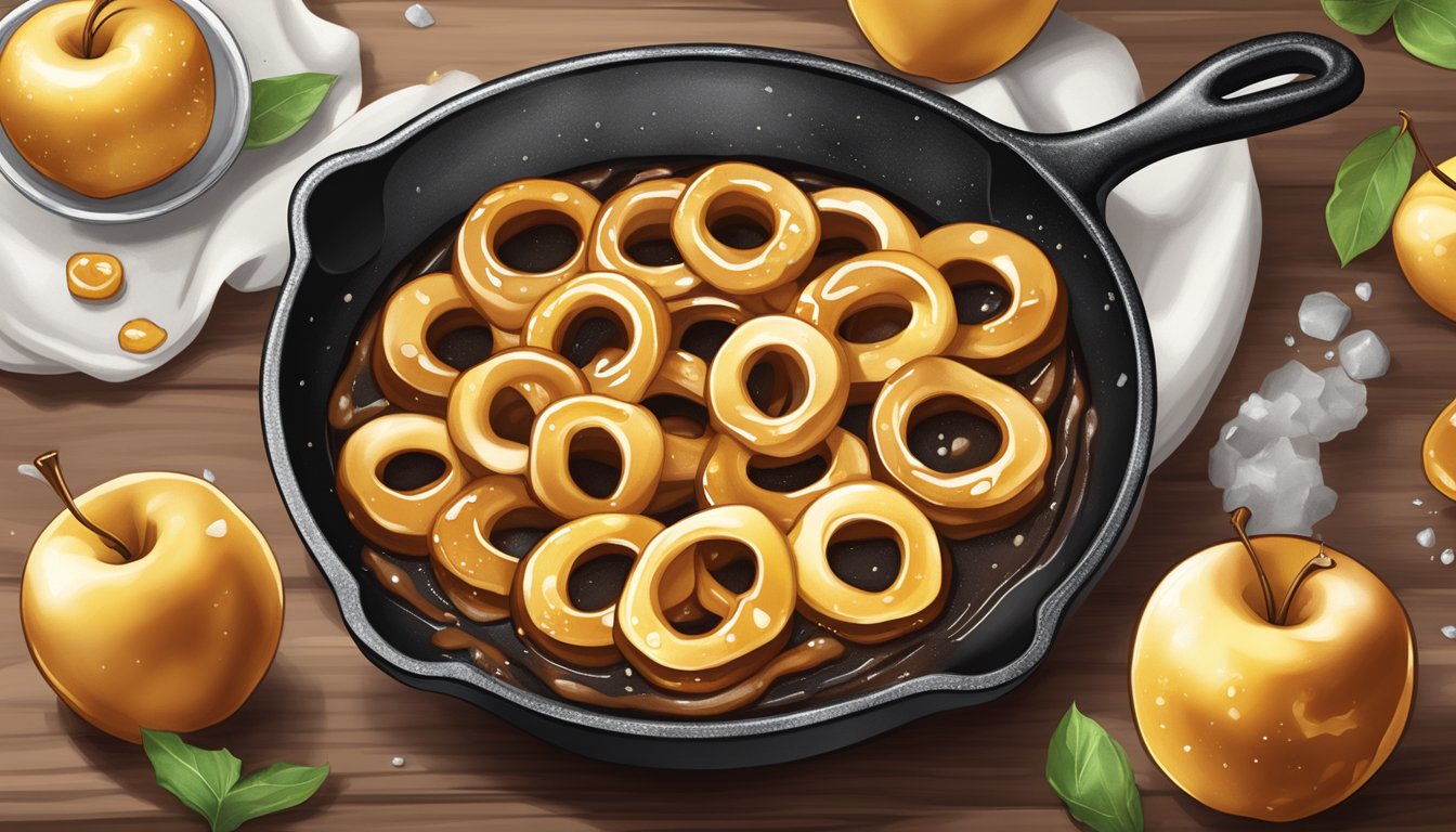 Golden apple rings sizzling in a cast iron skillet, drizzled with gooey salted caramel and topped with a sprinkle of sea salt