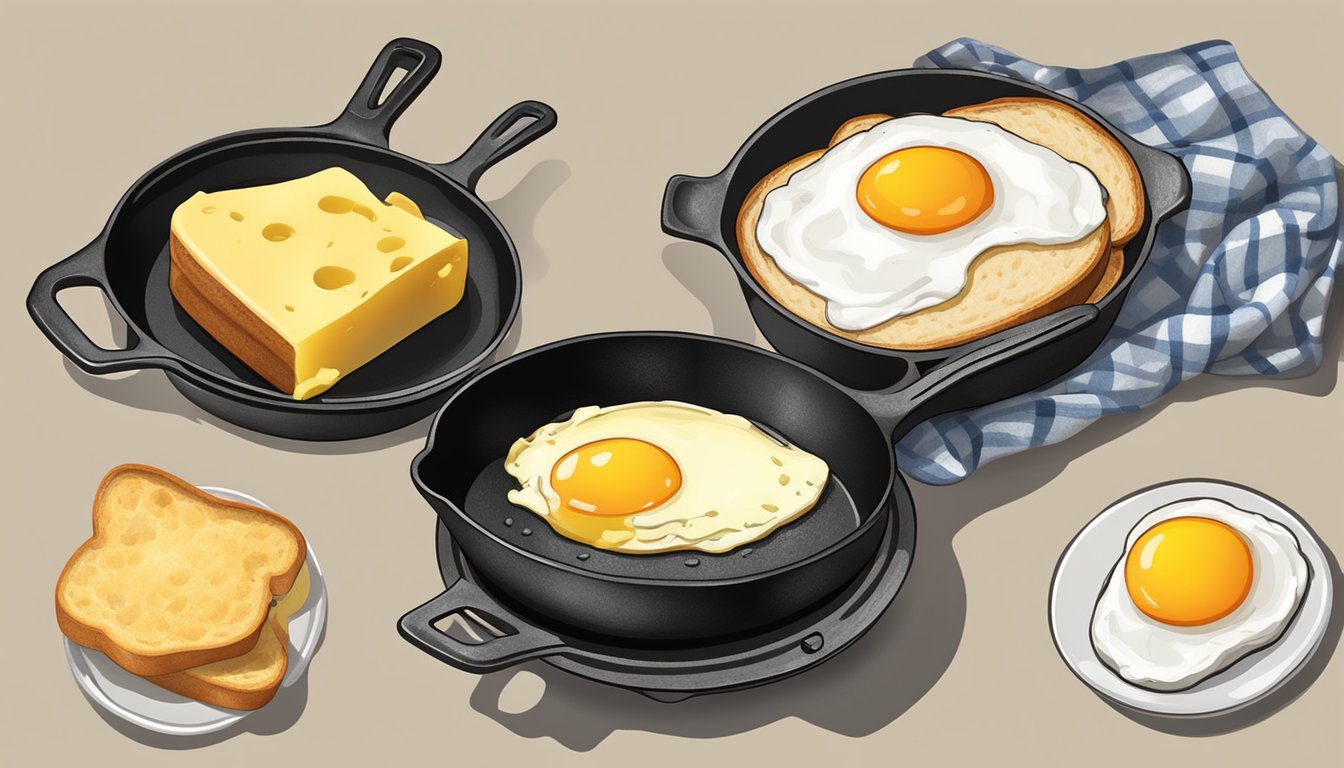 A cast iron skillet with sizzling butter, a cracked egg with melting cheese, and a slice of bread with a hole cut out