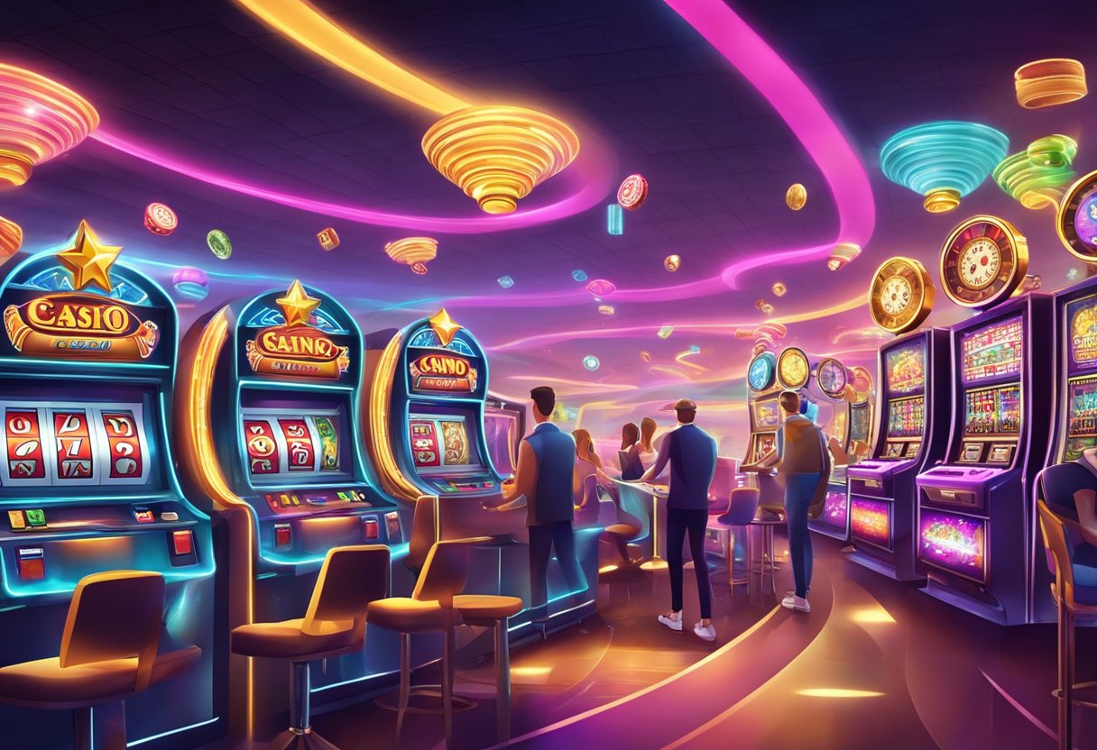 Colorful casino games and slot machines with flashing lights and spinning reels, surrounded by eager players having fun