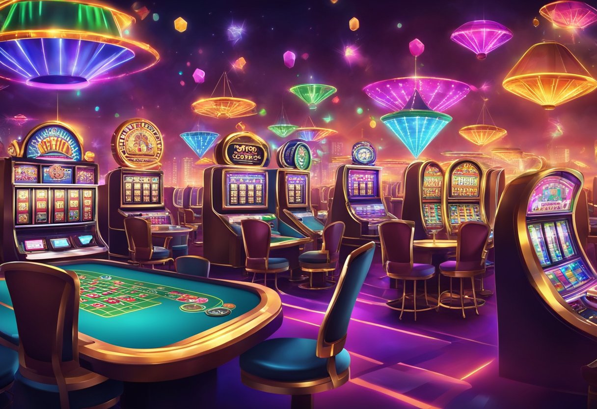 A colorful casino-themed background with various slot machines and poker tables, surrounded by flashing lights and vibrant graphics