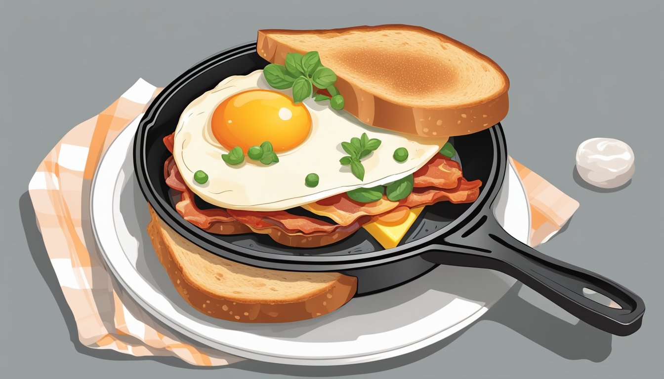 A skillet with a sizzling egg in a hole of a thick slice of bread, topped with melted cheese and surrounded by crispy bacon and sliced tomatoes