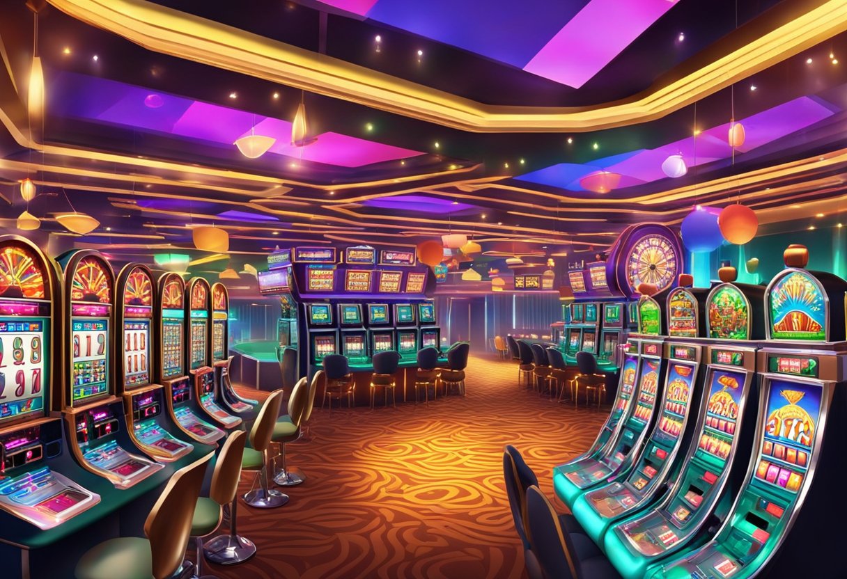 A vibrant casino floor with rows of slot machines and poker tables, surrounded by flashing lights and colorful game graphics