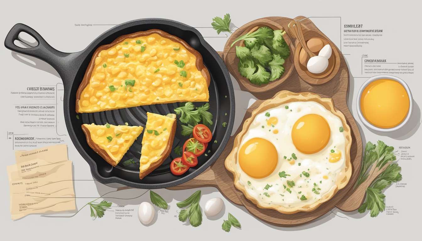 A skillet sizzling with a Texas-style cheesy egg in a basket, surrounded by a spread of nutritional information and benefits