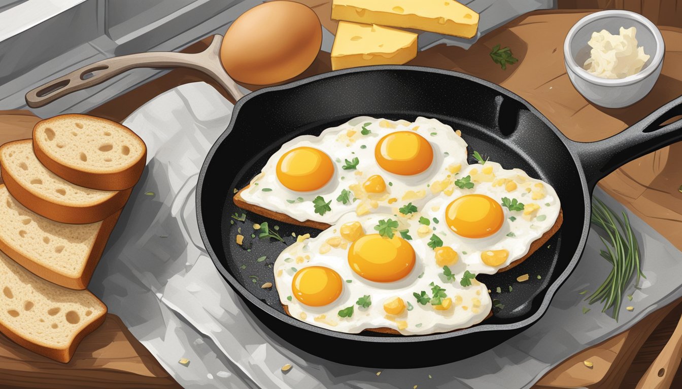 A cast iron skillet sizzling on a stove, a slice of bread with a hole cut out, cracked eggs, shredded cheese, and a sprinkle of seasoning