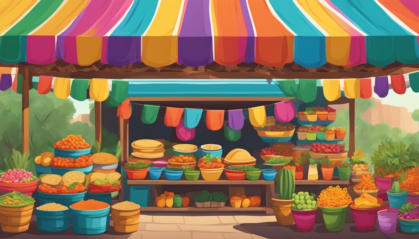 A colorful market stall displays traditional Mexican chalupas poblanas in a Texas-style setting. A festive atmosphere with vibrant decor and a hint of Texan influence