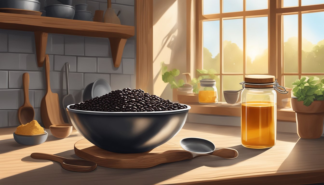 A rustic kitchen with a mixing bowl filled with black beans, cocoa powder, and honey. A Texas flag hangs on the wall. Sunlight streams through the window