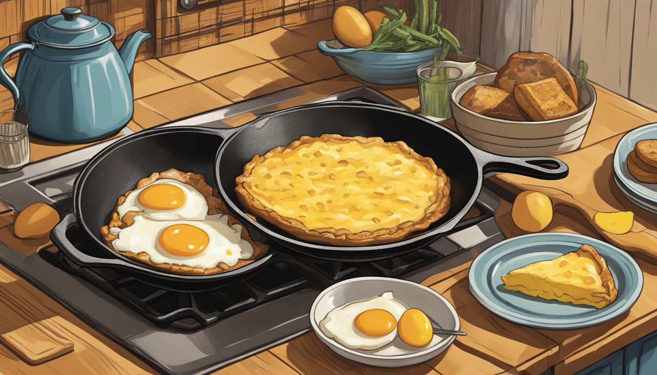 A cast-iron skillet sizzling on a stove, filled with a golden, cheesy egg-in-a-basket, surrounded by a Texan kitchen with cowboy-themed decor