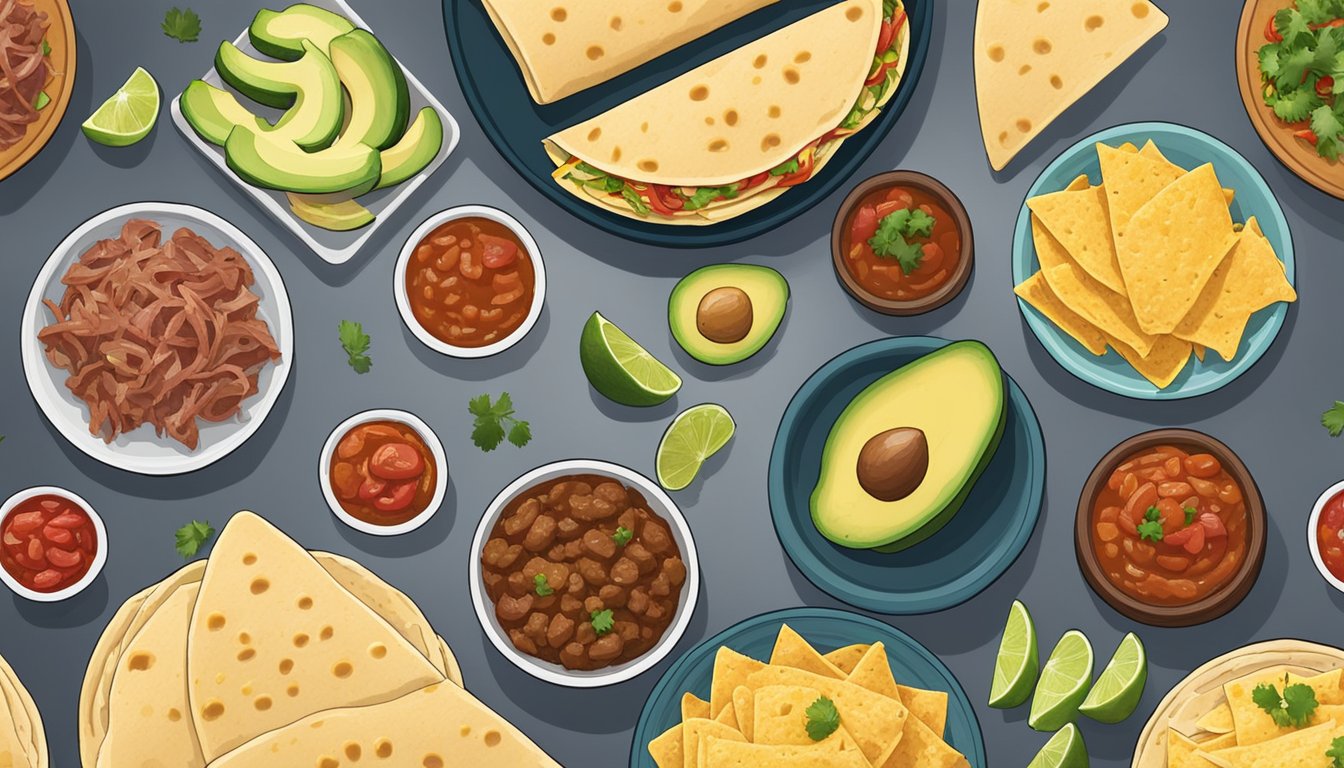 A table spread with ingredients for Texas-style chalupas poblanas, including tortillas, shredded meat, salsa, cheese, and avocado