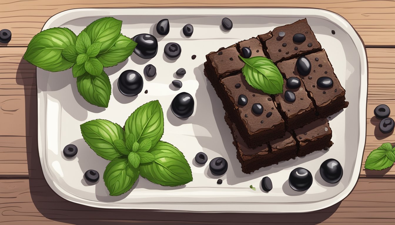 A rustic wooden table with a plate of cosmic black bean brownies, surrounded by scattered black beans and a sprig of fresh mint