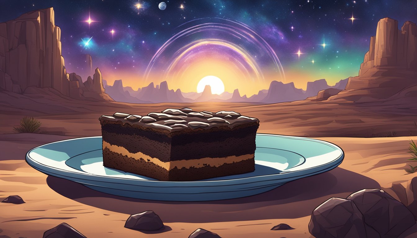 A cosmic scene with a Texas landscape backdrop, featuring a plate of black bean brownies surrounded by celestial elements and a halo of light