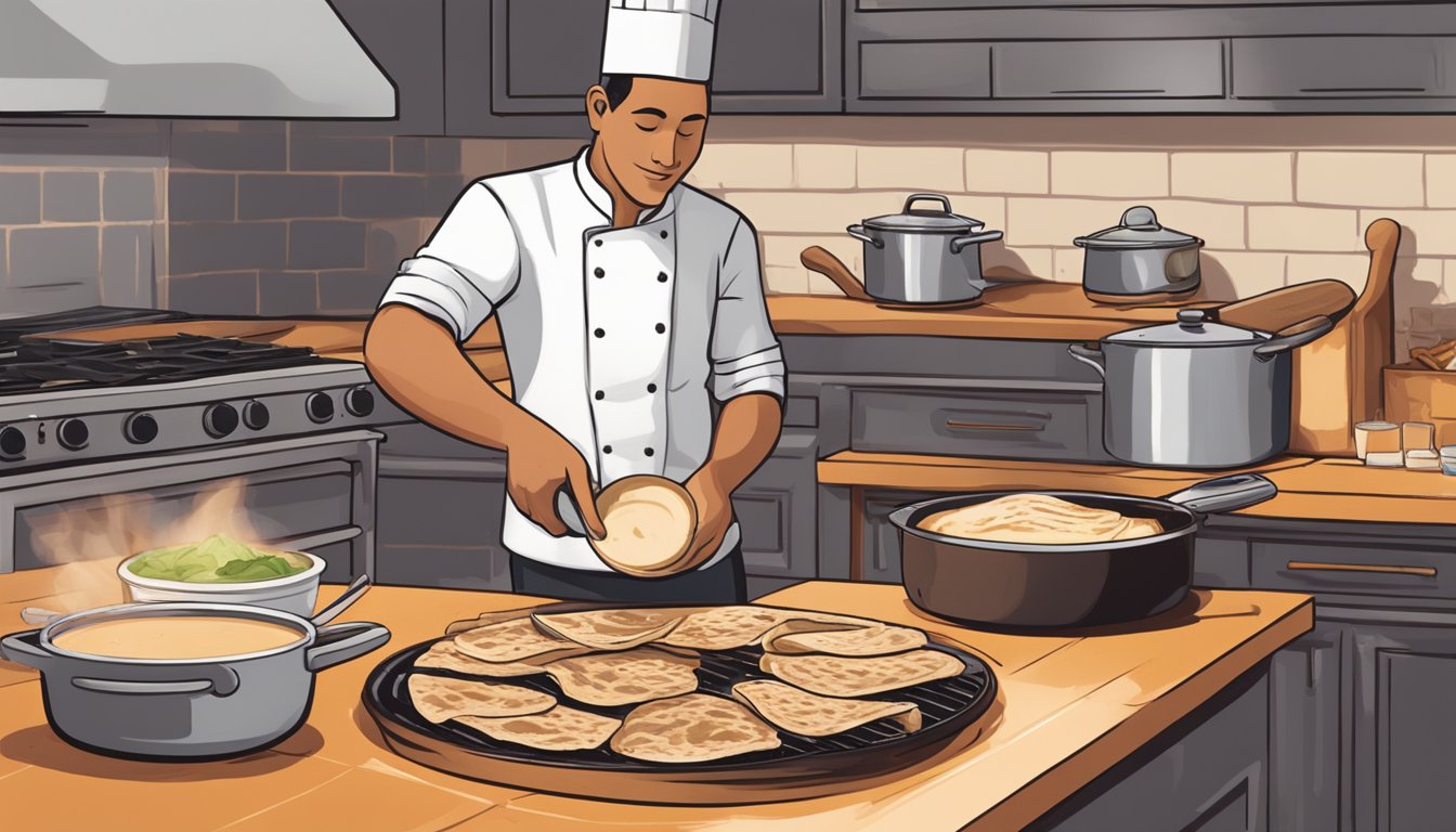 A chef grills tortillas over an open flame while simmering a rich mole sauce on a stovetop. Ingredients like shredded chicken, queso fresco, and crema are laid out nearby