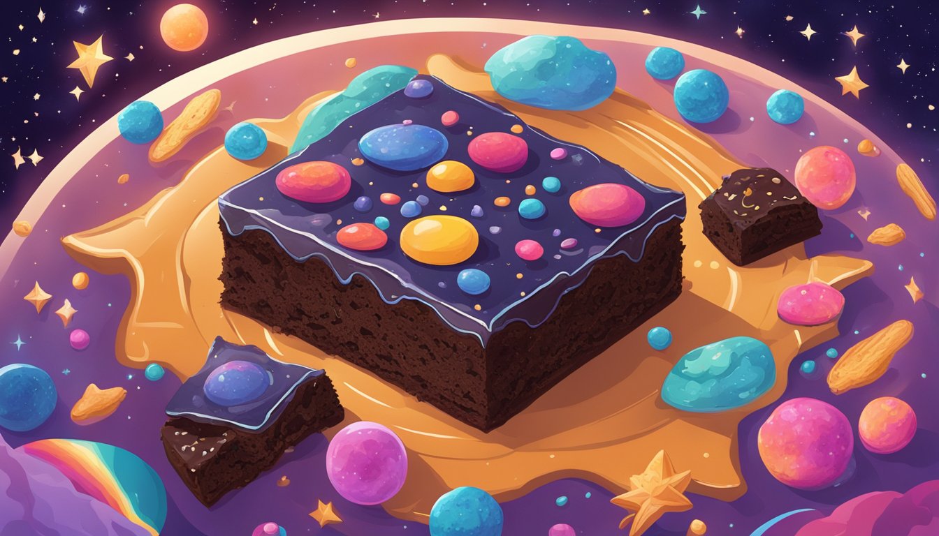 A Texan-themed cosmic scene with black bean brownies surrounded by vibrant cosmic elements, evoking a heavenly and healthy treat