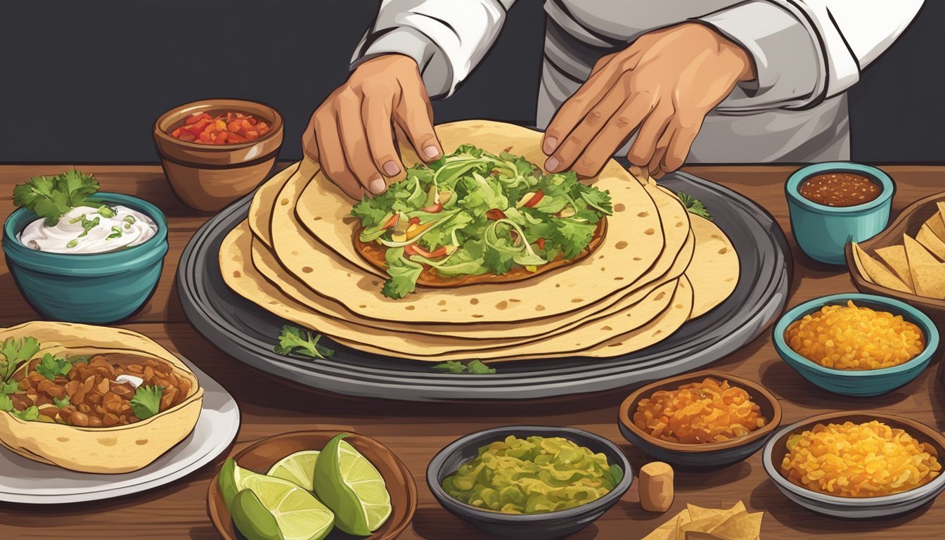 A chef assembling and serving chalupas poblanas on a wooden platter with traditional Tex-Mex ingredients