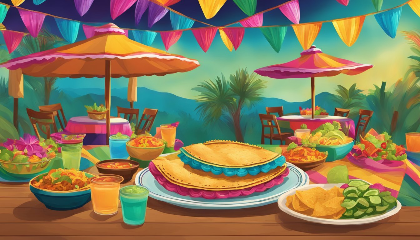 A colorful fiesta with traditional Mexican chalupas poblanas being served in a Texas-style setting, with vibrant decorations and lively music