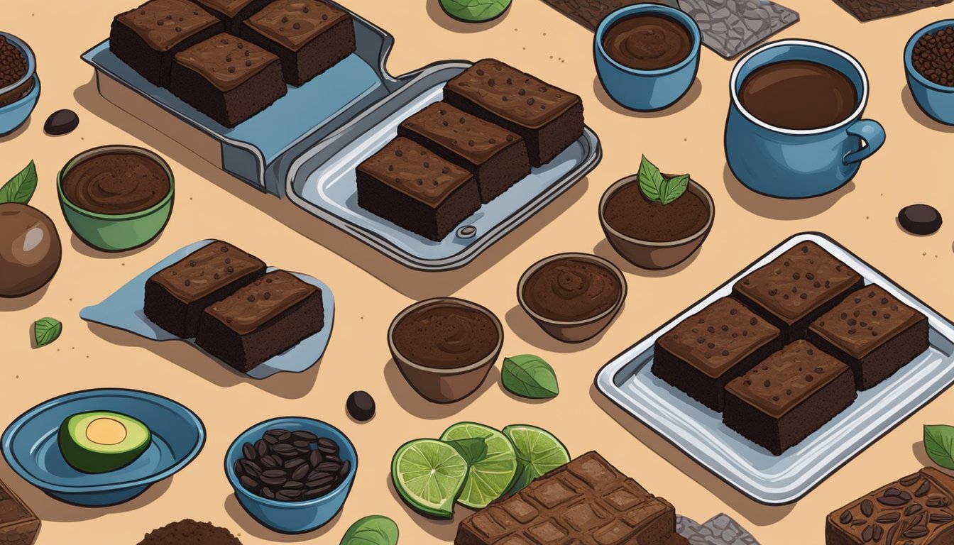 A rustic kitchen with a Texas flag hanging on the wall, a tray of cosmic black bean brownies cooling on the counter, surrounded by ingredients like black beans, cocoa powder, and avocado