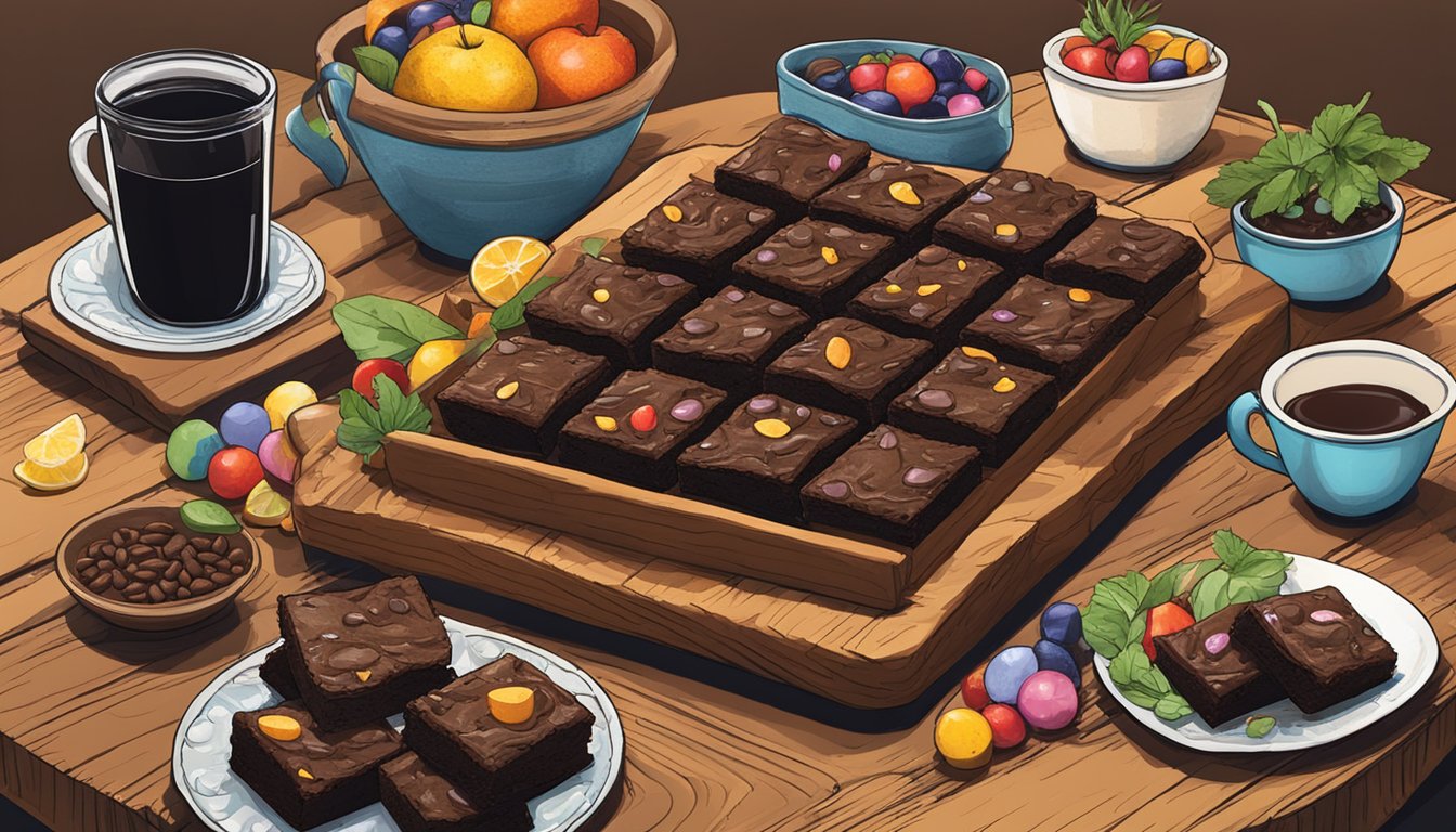 A rustic wooden table adorned with Texas-themed decor, showcasing a platter of cosmic black bean brownies, surrounded by vibrant ingredients