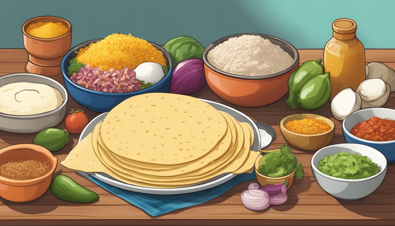 A kitchen counter with ingredients and utensils for making traditional Mexican chalupas, including masa dough, shredded meat, and various toppings