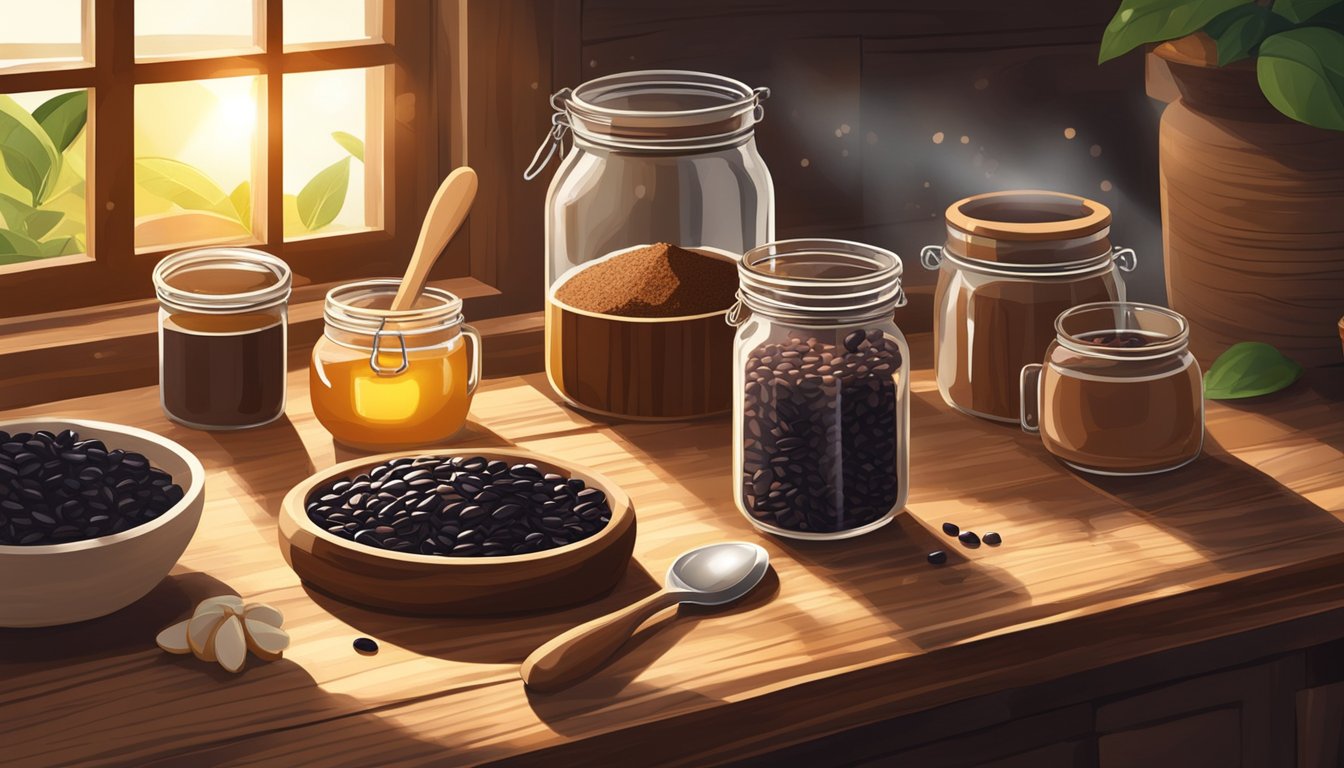 A rustic kitchen with ingredients like black beans, cocoa powder, and honey laid out on a wooden table. Sunlight streams in through a window, casting a warm glow on the scene