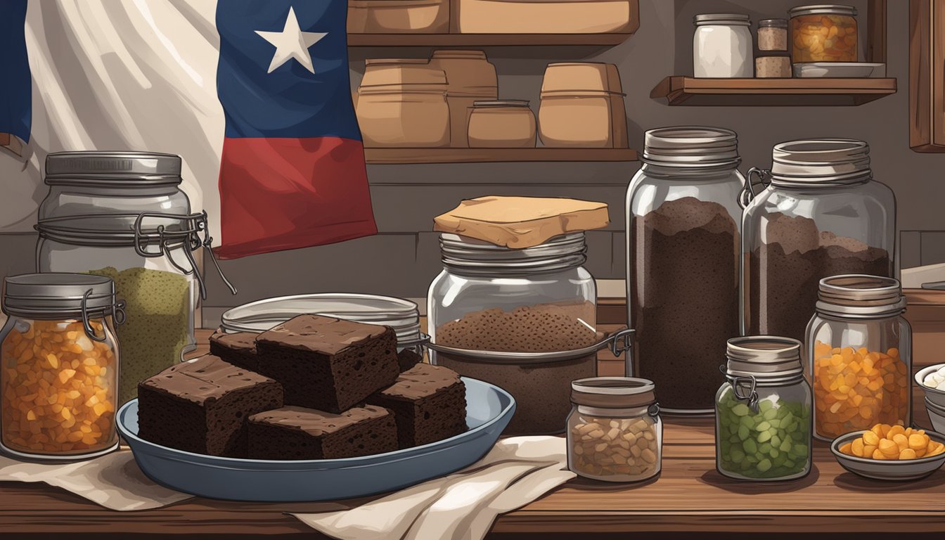 A rustic Texas kitchen with a tray of cosmic black bean brownies, surrounded by jars of preserved ingredients and a Texas flag hanging on the wall