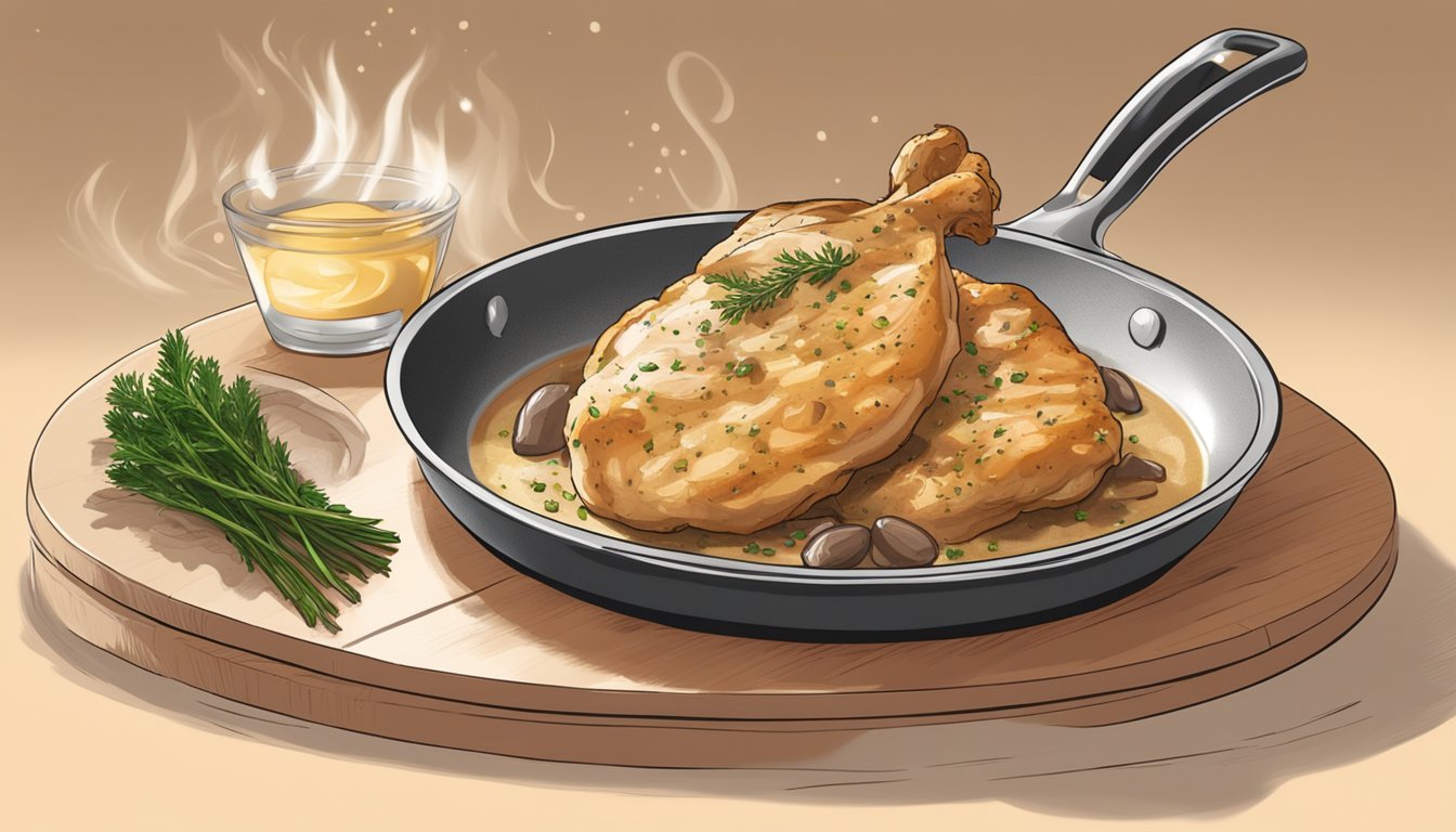 A sizzling chicken breast searing in a pan with a buttery thyme and mushroom sauce simmering nearby