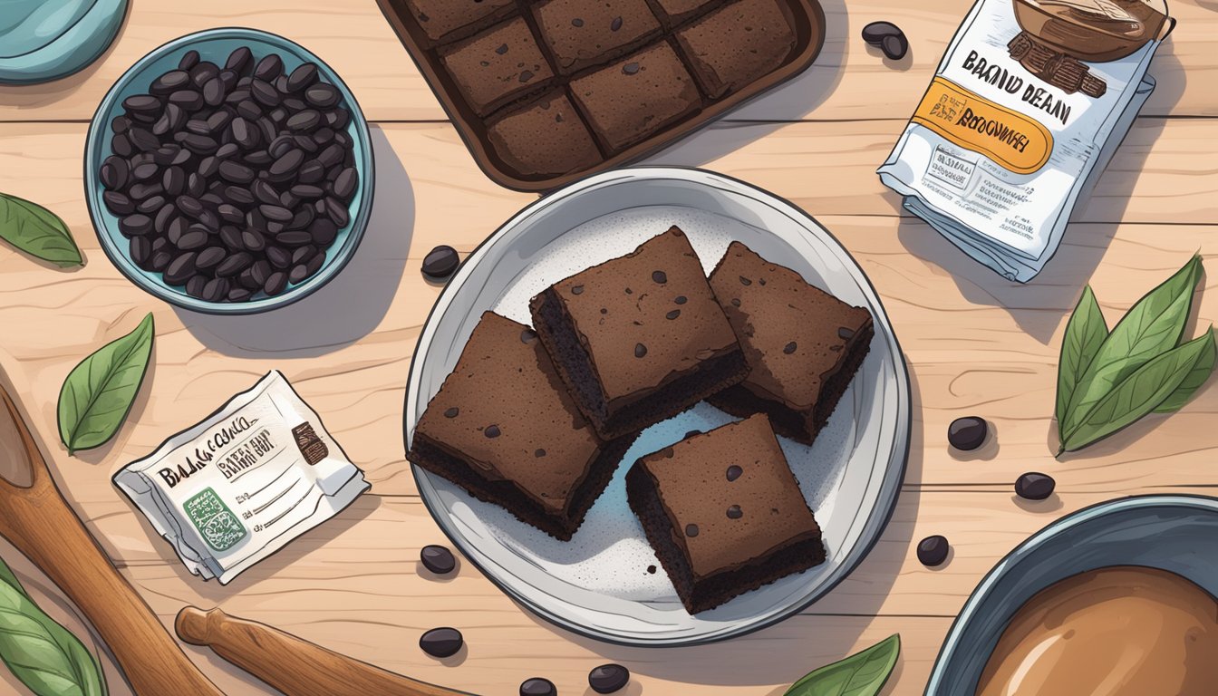 A rustic wooden table with a plate of cosmic black bean brownies, surrounded by ingredients like black beans, cocoa powder, and a nutrition label