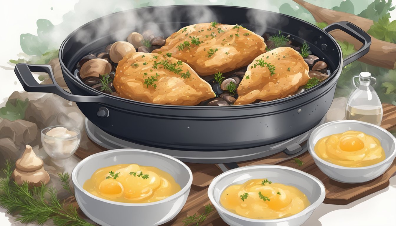 A sizzling chicken breast sears in a hot pan, surrounded by bubbling butter, thyme, and mushrooms