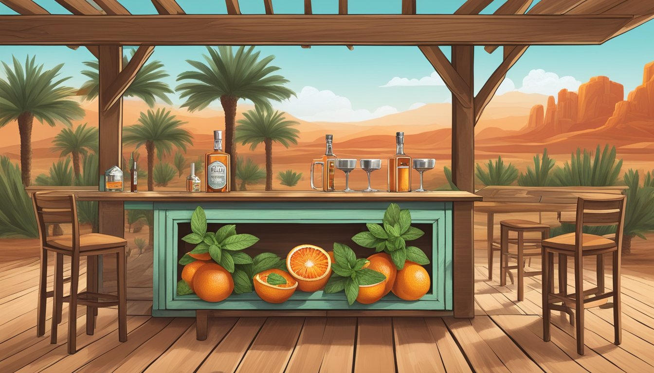 A rustic bar setting with fresh blood oranges, mint, and rum displayed on a wooden table, surrounded by Texan desert scenery