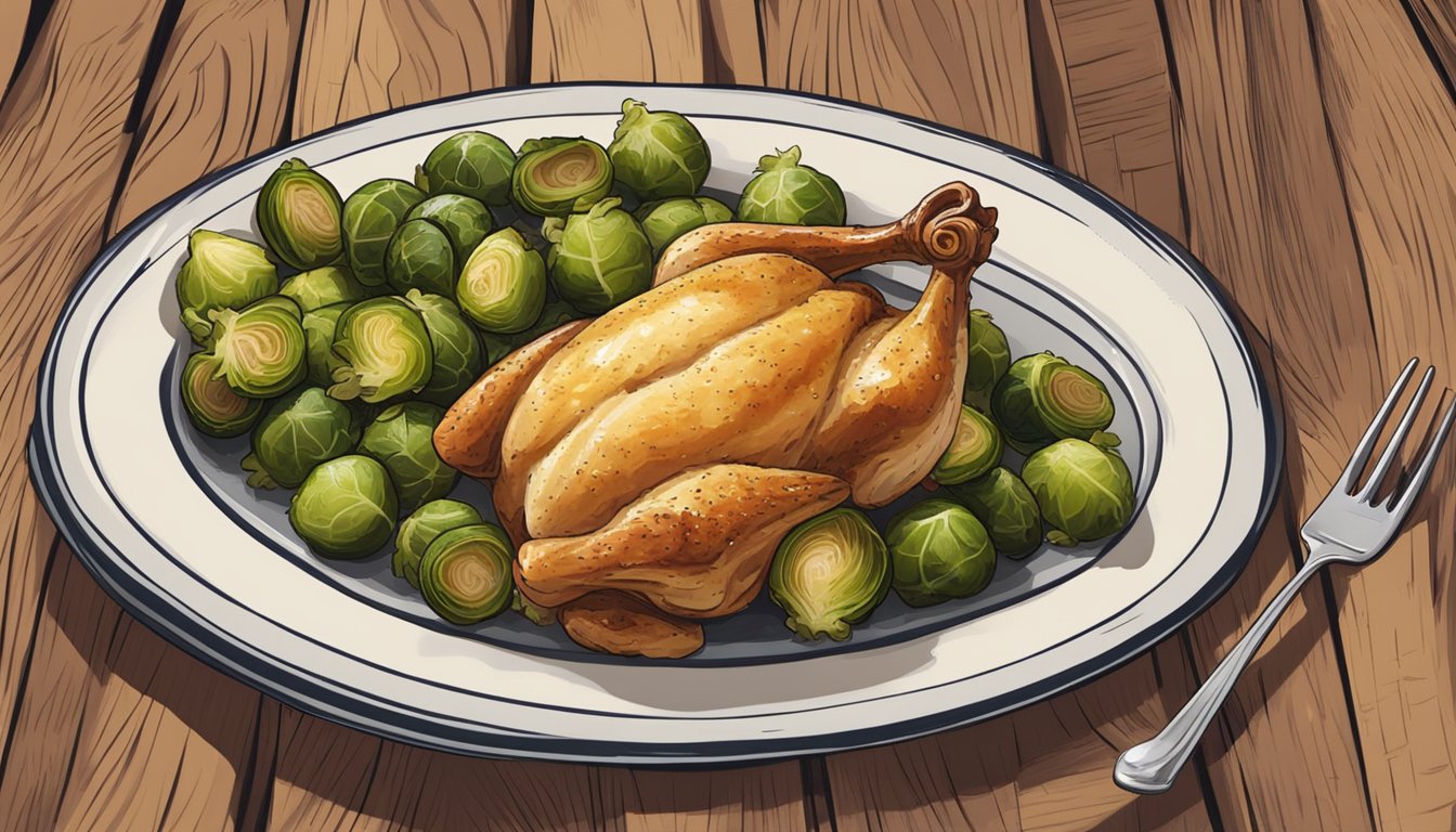 A platter of roasted cherry chicken with parmesan brussel sprouts on a rustic wooden table with Texan decor