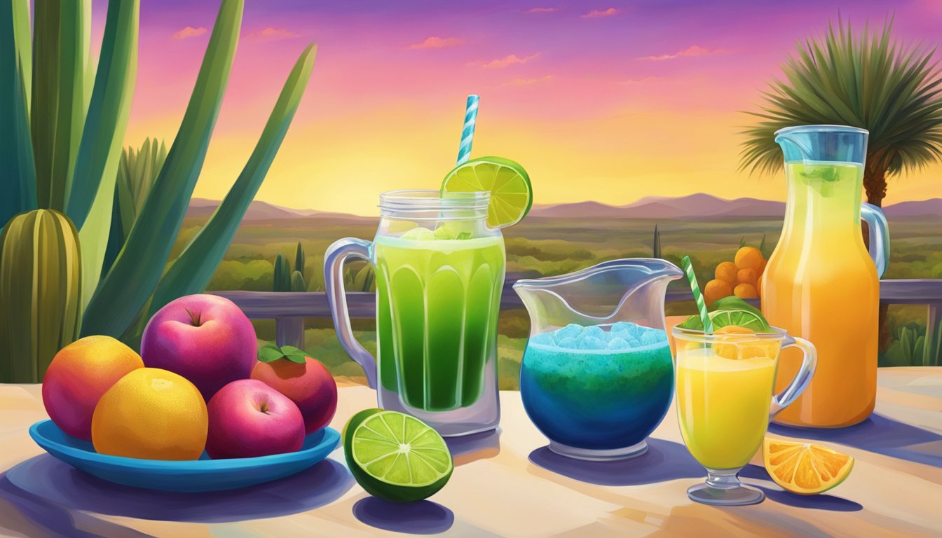 A vibrant Texas landscape with a colorful array of fresh fruits, a blender, and a pitcher of frozen margaritas