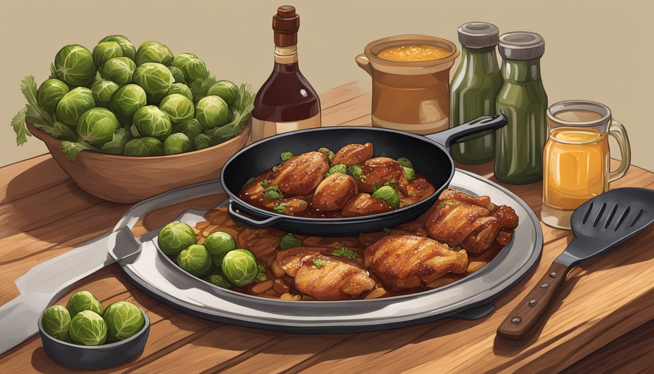 A sizzling skillet of cherry chicken roasting in a Texas-style barbecue sauce, surrounded by sizzling parmesan-coated brussel sprouts on a rustic wooden cutting board