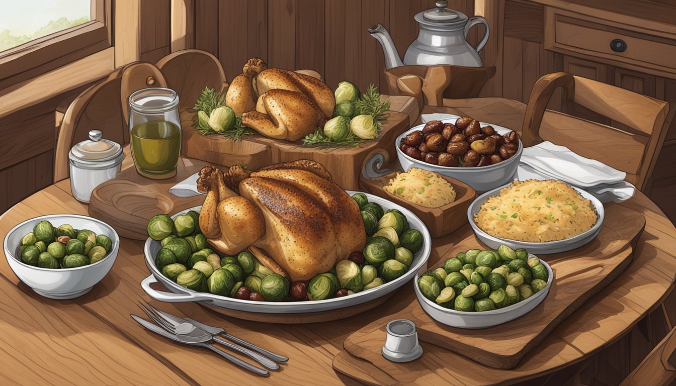 A rustic wooden table set with a platter of roasted cherry chicken and parmesan brussel sprouts, surrounded by Texas-inspired decor and ingredients