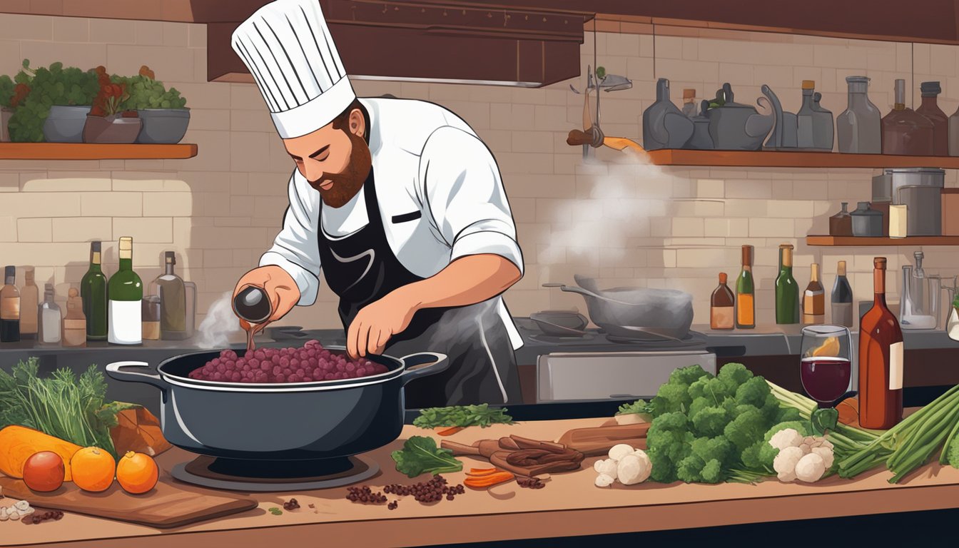 A chef pours red wine into a bubbling pot of sizzling lamb and spices. On the counter, a variety of fresh Texas ingredients await