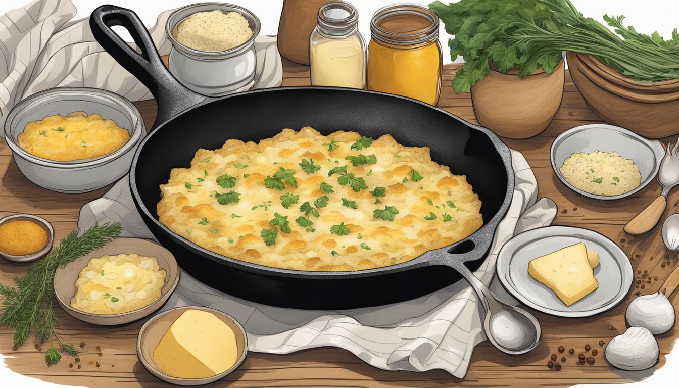 A rustic kitchen with a cast iron skillet bubbling with creamy, cheesy au gratin potatoes, surrounded by Texan spices and ingredients