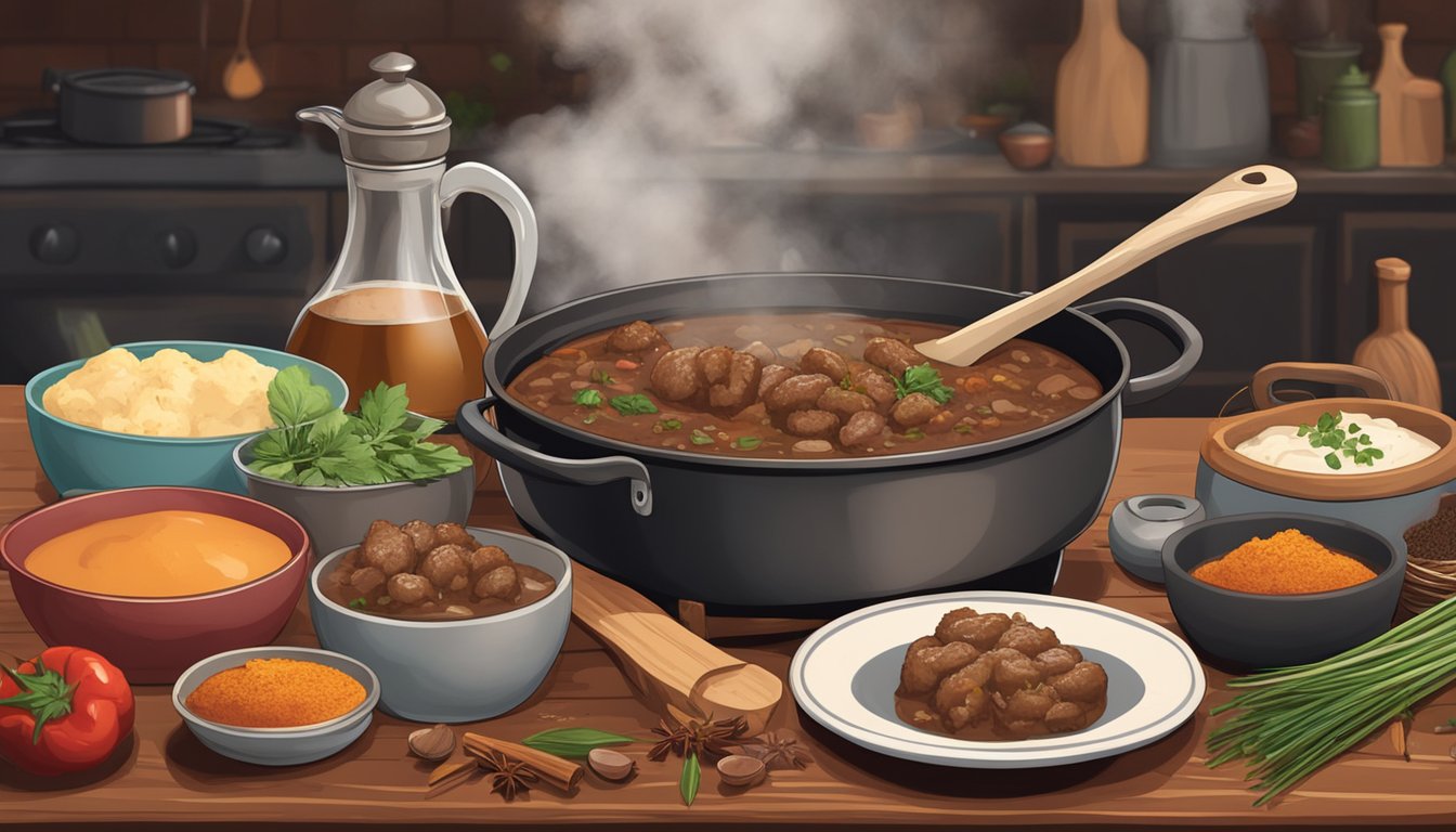 A rustic kitchen with a simmering pot of Texas-style lamb gravy, surrounded by ingredients like red wine, herbs, and spices