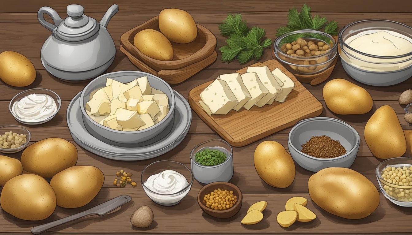 A rustic kitchen counter with a variety of fresh potatoes, cream, cheese, and seasonings laid out for preparation