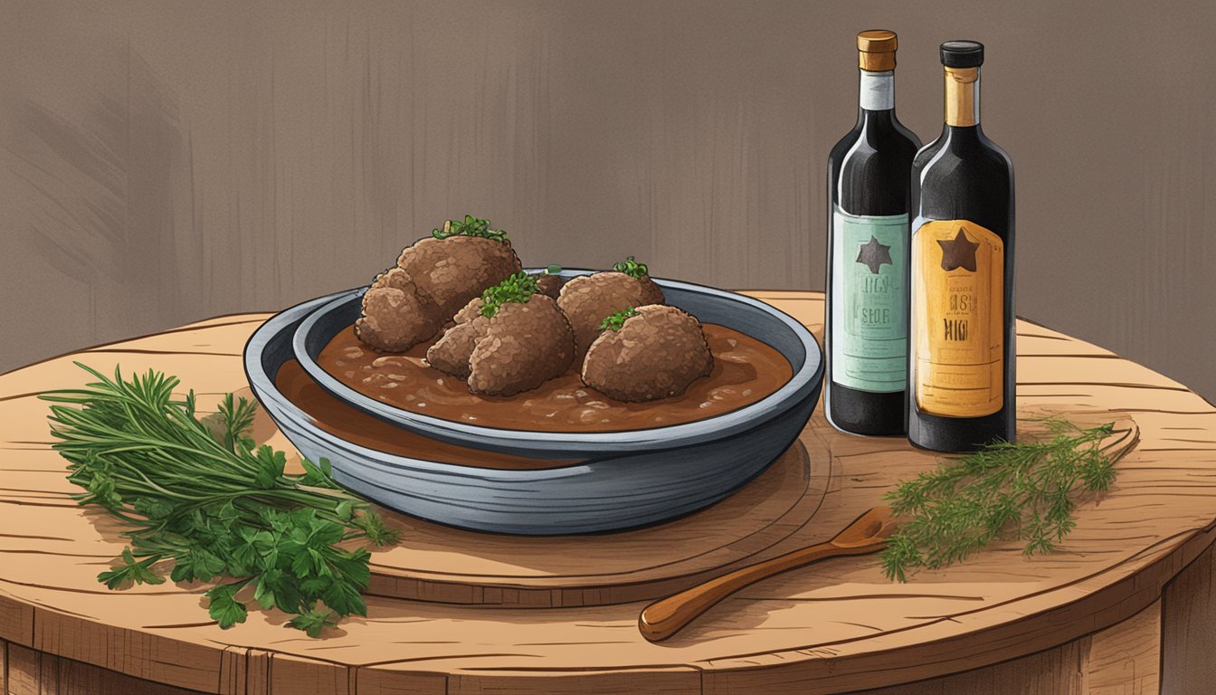 A rustic wooden table set with a steaming bowl of Texas-style lamb gravy, accompanied by a bottle of red wine and fresh herbs