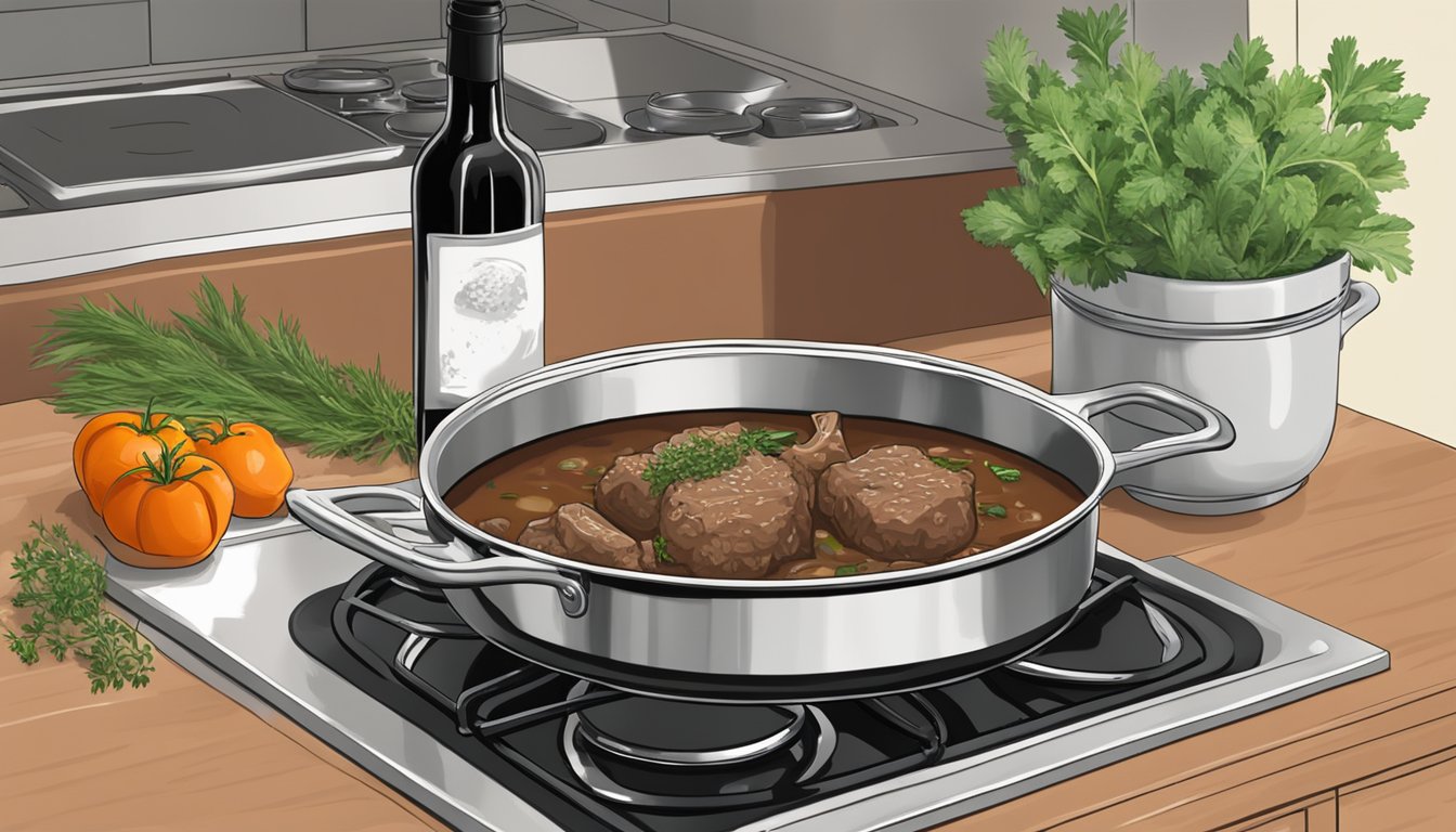 A pot of Texas style lamb gravy simmers on a stovetop, with a bottle of red wine and fresh herbs nearby