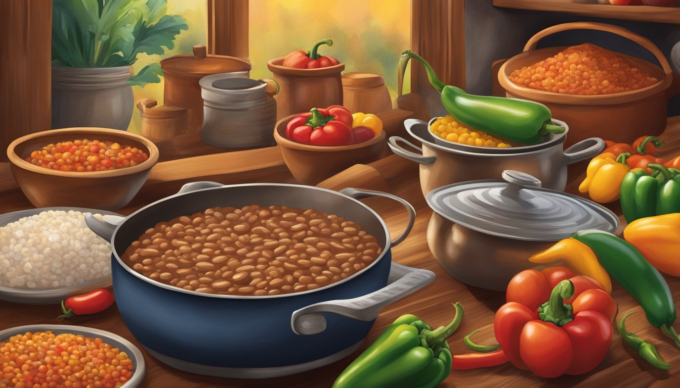 A rustic Tex-Mex kitchen with a bubbling pot of refried beans, surrounded by colorful peppers, onions, and tomatoes. A warm, inviting atmosphere with a hint of spice in the air