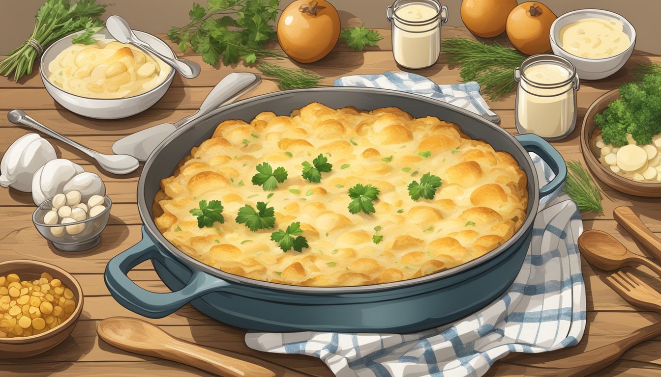 A rustic kitchen counter with a bubbling casserole dish of creamy potato au gratin, surrounded by scattered cooking utensils and fresh ingredients