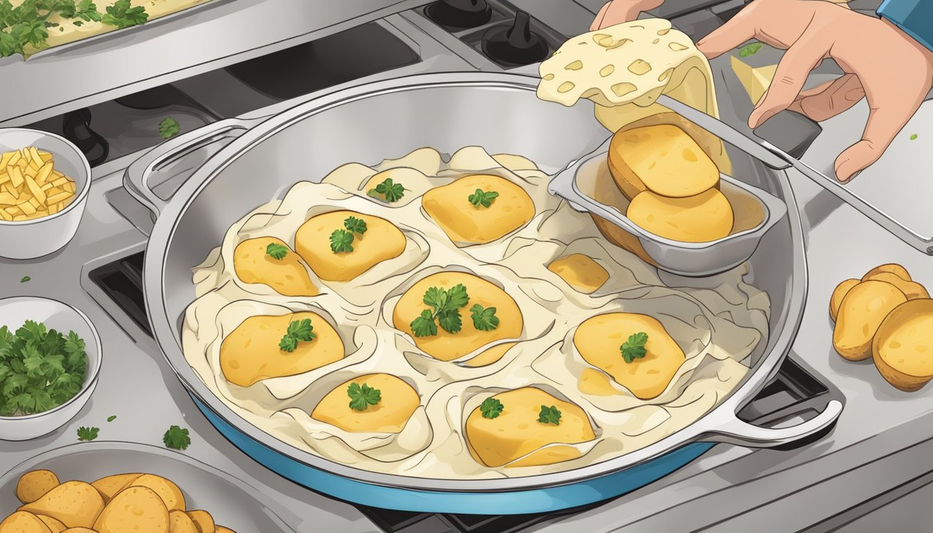 Slicing potatoes, pouring creamy sauce, layering in dish, sprinkling cheese, and placing in oven