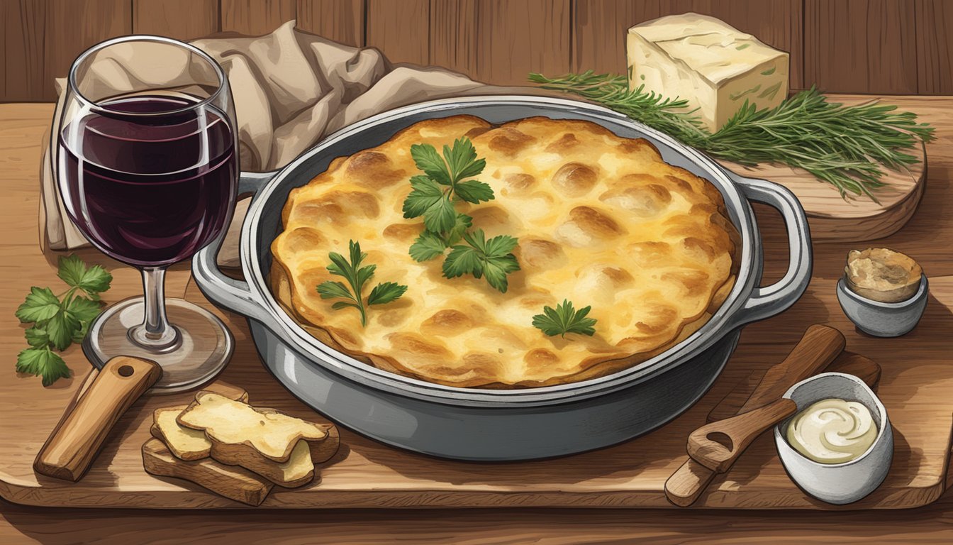 A rustic wooden table set with a steaming dish of creamy potato au gratin, accompanied by a bottle of Texas red wine and a spread of fresh herbs and spices