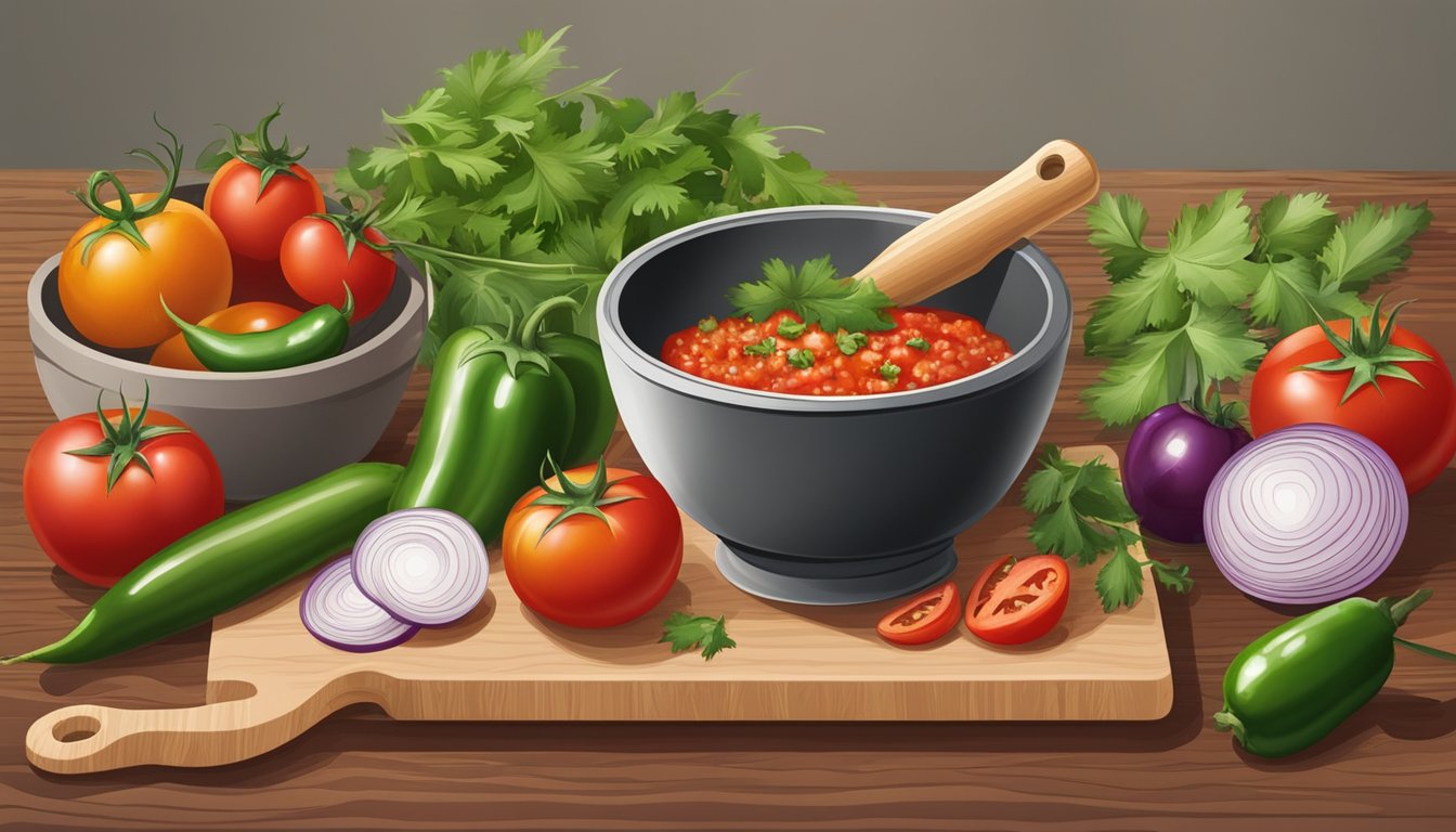 A wooden cutting board with fresh tomatoes, onions, jalapenos, and cilantro, surrounded by a mortar and pestle, a knife, and a bowl of salsa