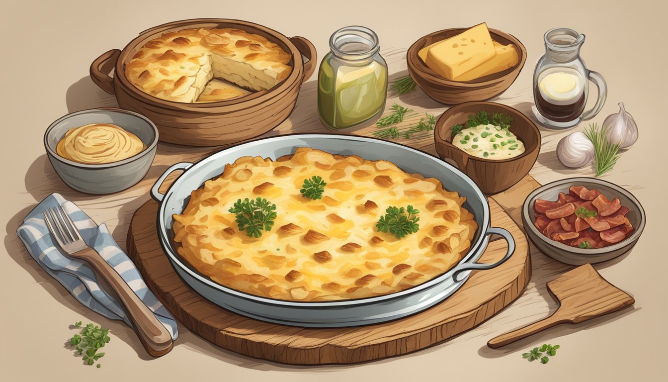 A rustic wooden table set with a steaming, creamy potato au gratin dish, surrounded by scattered ingredients like cheese, bacon, and chives